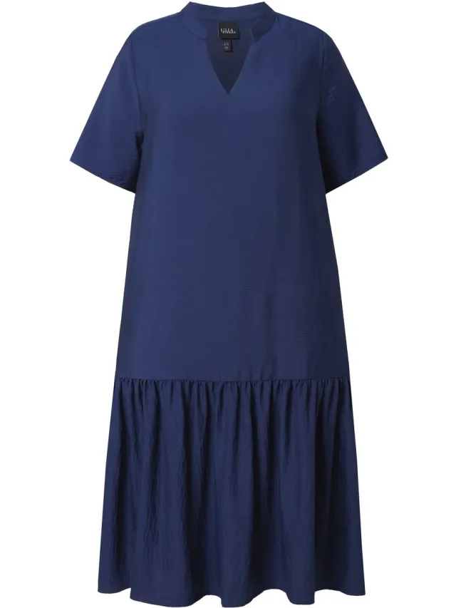Ulla Popken Dames - Midi-jurk volantzoom A-lijn V-hals korte mouw - Universum - Maat 54+