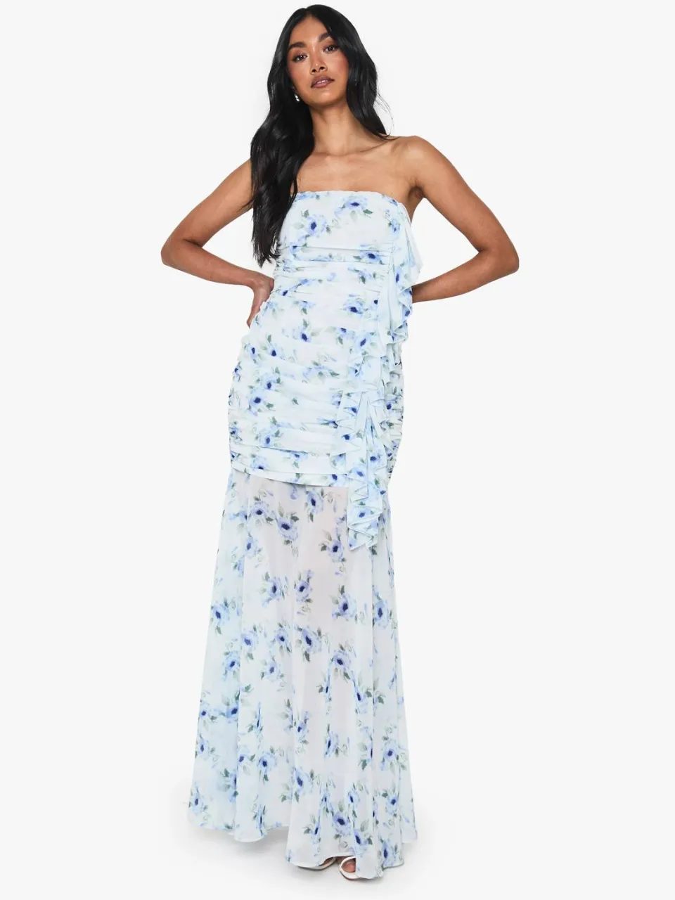 boohoo Dames Chiffon Geruched Maxi-Jurk blauw, foto 2