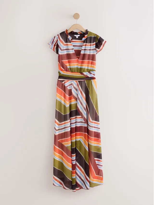 Next Dames - Lange jurk met plooien, mesh en V-hals voor speciale gelegenheden - Bruin Brown/Green/Red Stripe