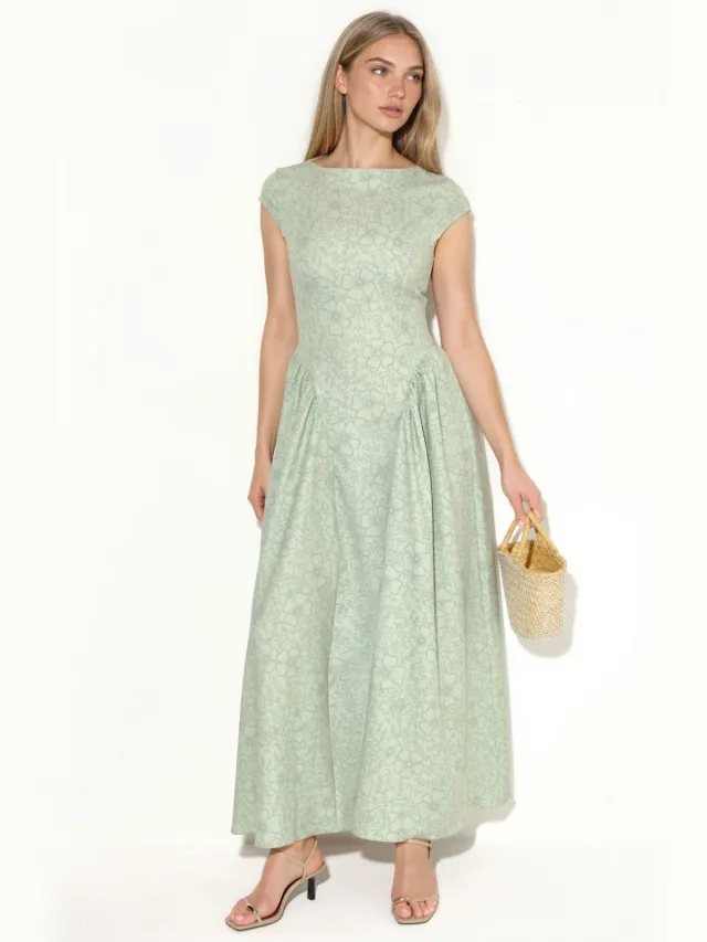 Hiccup Bootneck Bloemmotief Jacquard Maxi Jurk Saliegroen