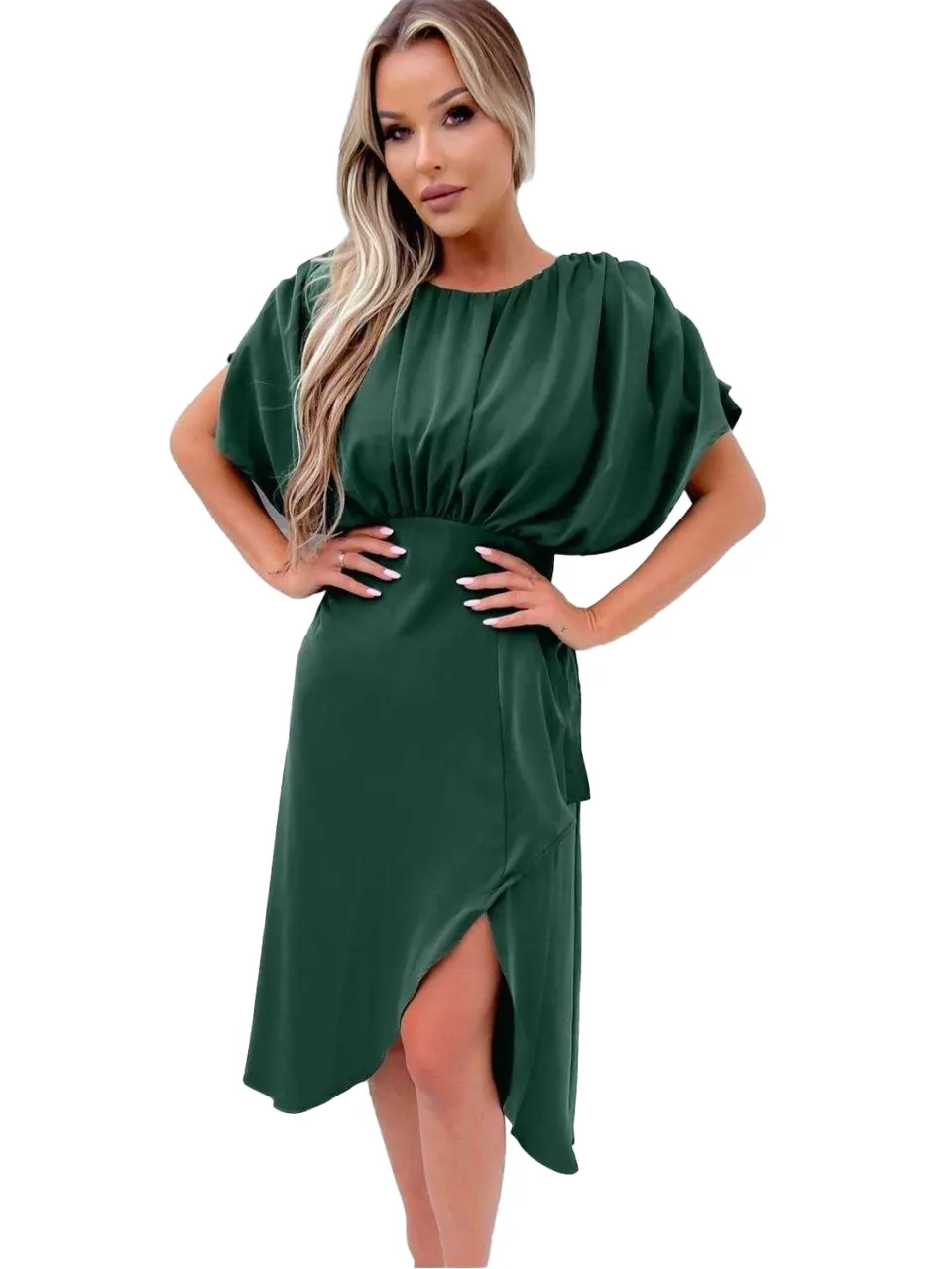 AX Paris Midi-jurk voor dames van polyester met gerimpelde vleermuismouwen (Teal) Petrol