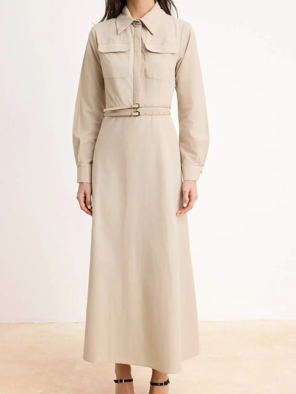 Trendyol Modest Dames Beige Effen Maxi Lang Casual Skater Modest Jurken, foto 2