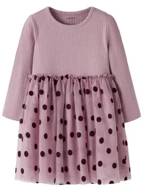 NAME IT MINI gebreide korte jurk met ruches en stippen roze