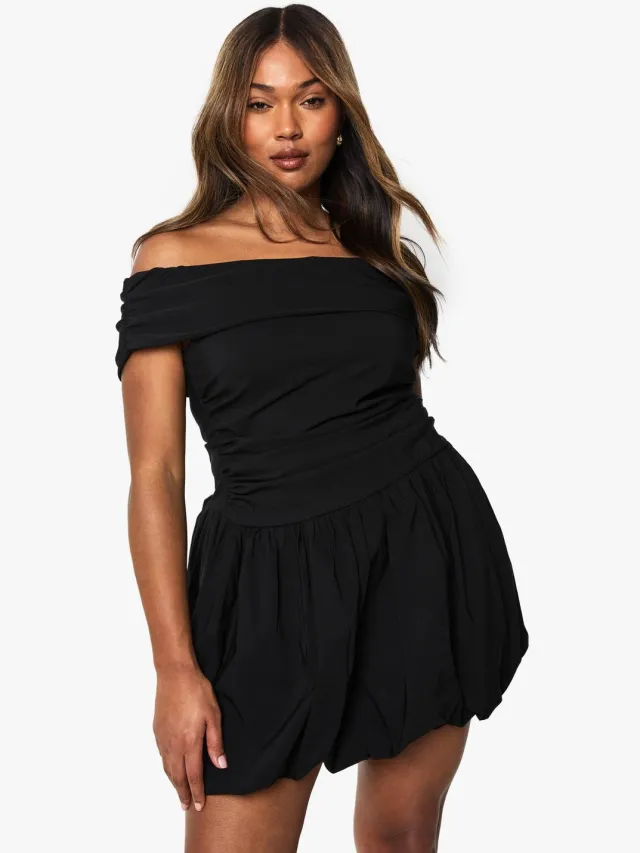 boohoo Dames Plus Bengaline Gerimpelde Puffball Mini Jurk Zwart
