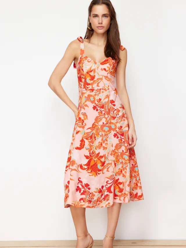 Trendyol TRENDYOLMİLLA Dames Roze Bloemen Midi Mouwloos Avond / Dagelijks A-lijn Jurken