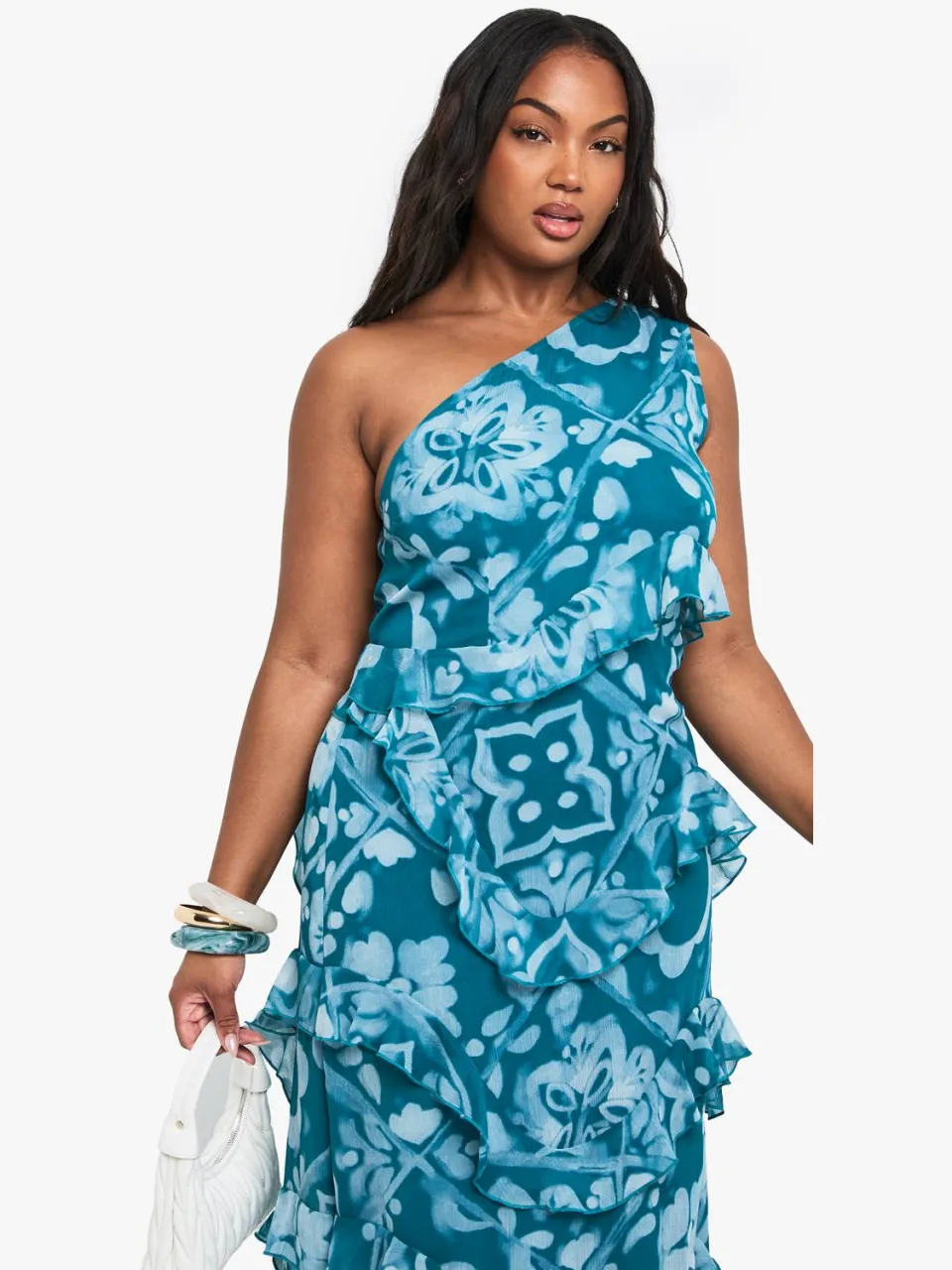 boohoo Dames Plus Tile Print Chiffon Asymmetrische Maxi-jurk blauw, foto 2
