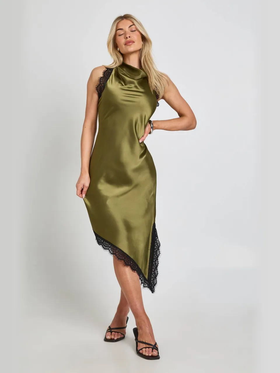 boohoo Dames Midi-jurk Van Gestructureerd Satijn Met Kanten Afwerking kaki, foto 3
