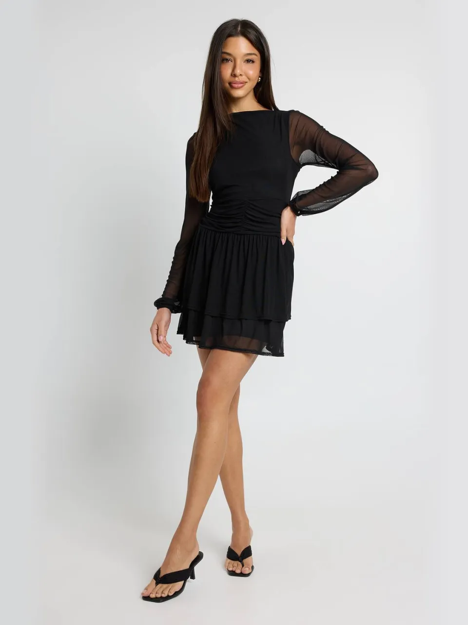 boohoo Dames Mesh Skater Jurk Met Lange Mouwen En Geplooid Middel zwart, foto 3