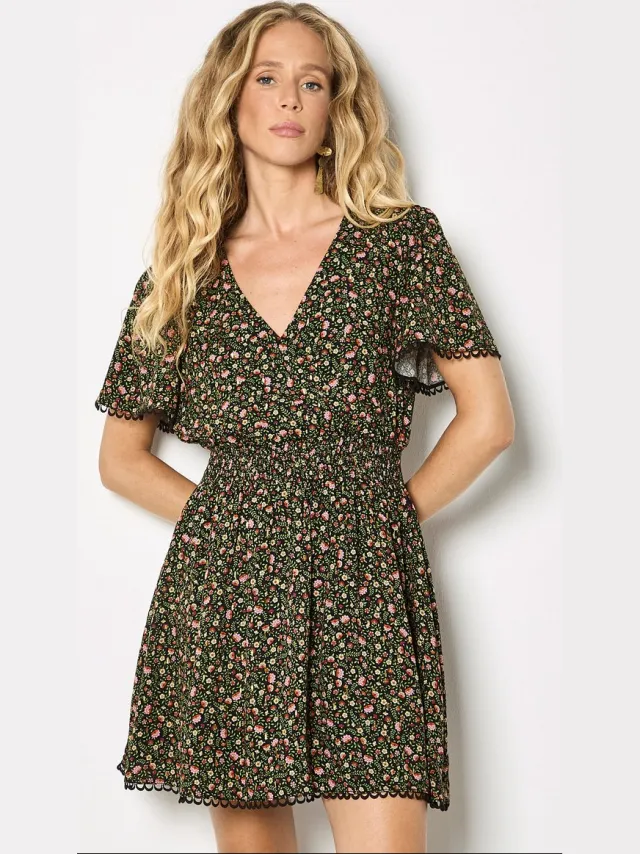 Apricot Mini-jurk met kleine bloemenprint en goudfolie Zwart