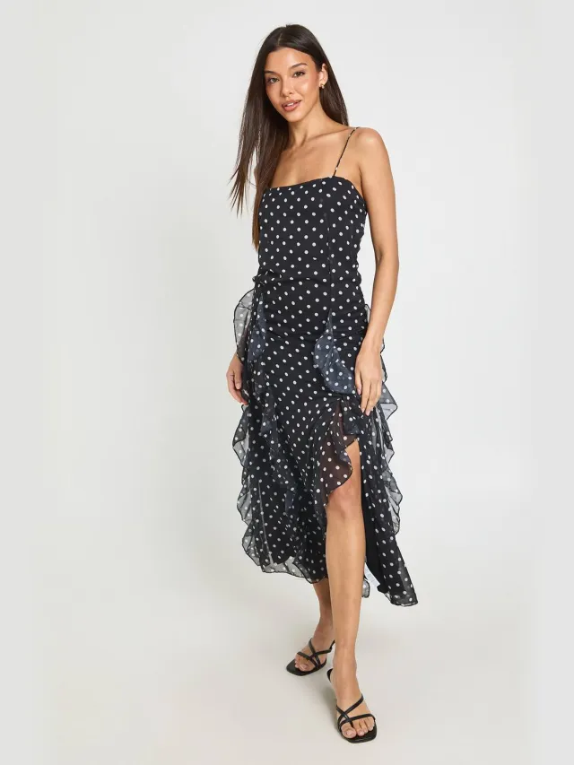 boohoo Dames Midaxi Jurk Met Stippenprint En Crinkle Structuur Zwart