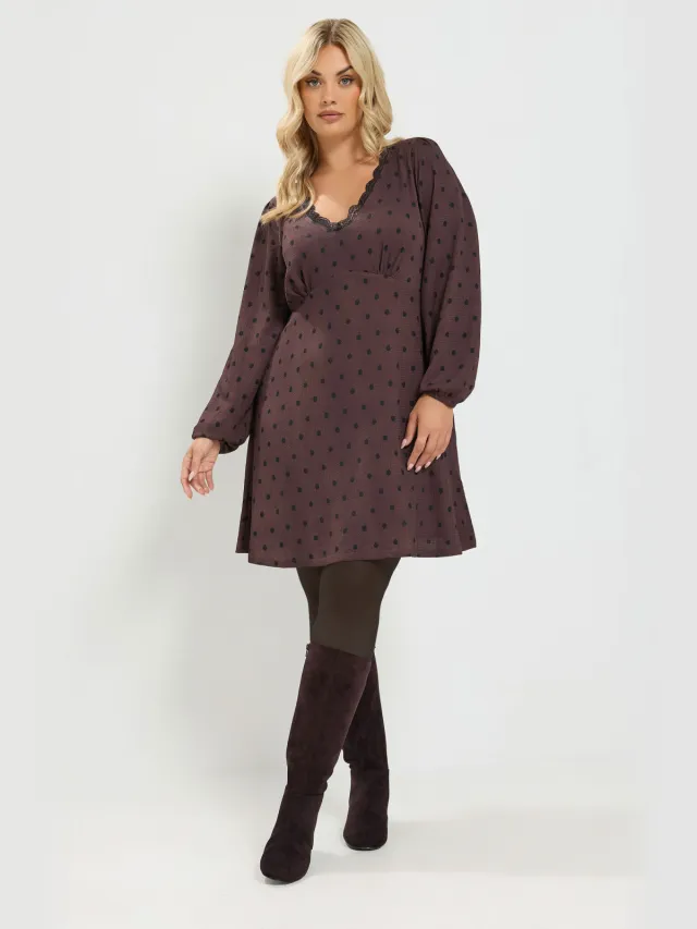 Yours Chocoladebruine Jurk Met Kanten Afwerking Brown