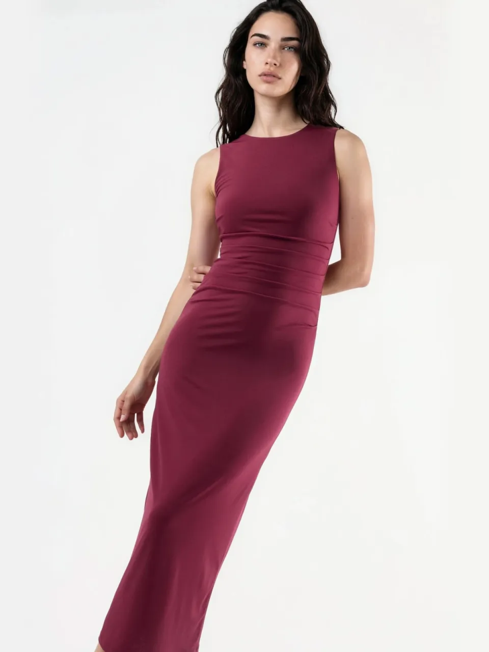 Hiccup Fitted Midi-jurk met Drapage en Ronde Hals kastanjebruin, foto 2