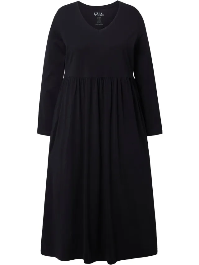 Ulla Popken Dames - Maxi-jurk A-lijn V-hals lange mouw - Zwart - Maat 46+