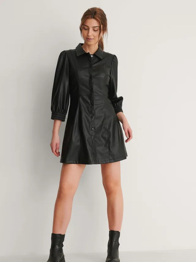 NA-KD Maat EU 34 - PU mini-jurk met pofmouwen zwart