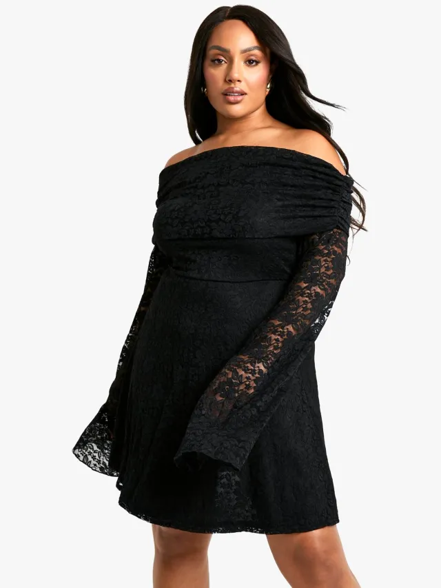 boohoo Dames Plus Kant Off-Shoulder Uitlopende Skaterjurk Zwart
