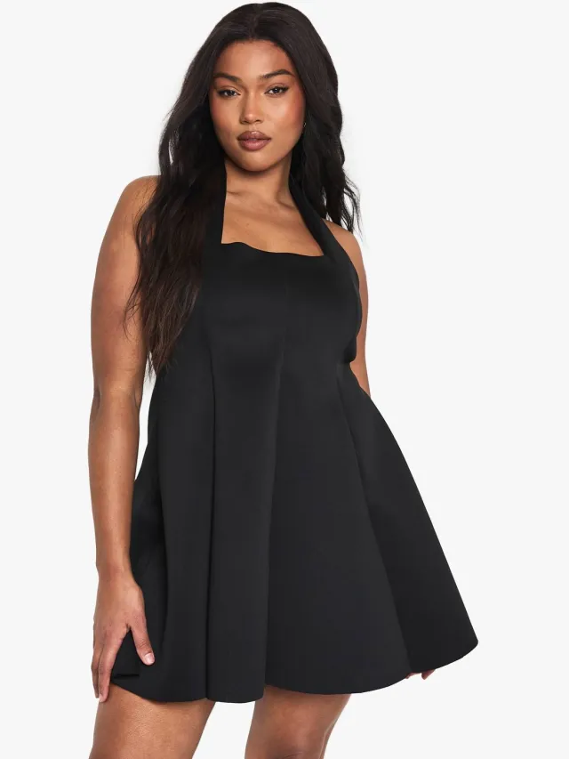 boohoo Dames Plus gestructureerde panelen skaterjurk Zwart