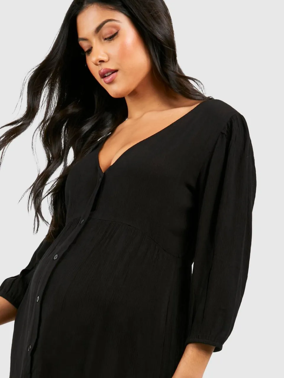 boohoo Dames Zwangerschapsjurk van kaasdoek met knoopsluiting midi jurk zwart, foto 2