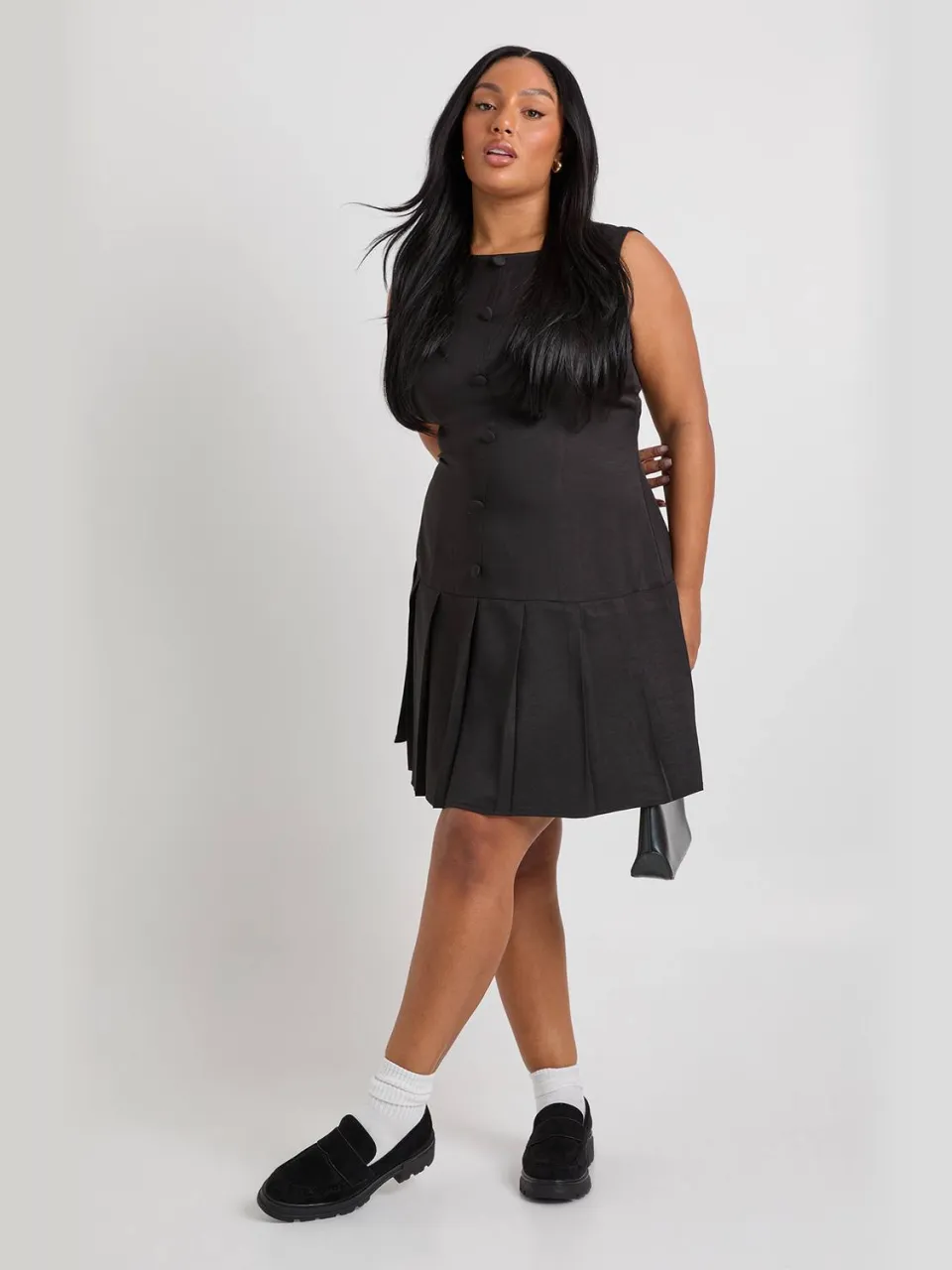 boohoo Dames Plus Geweven Met Knoopsluiting Geplooide Skaterjurk zwart, foto 3
