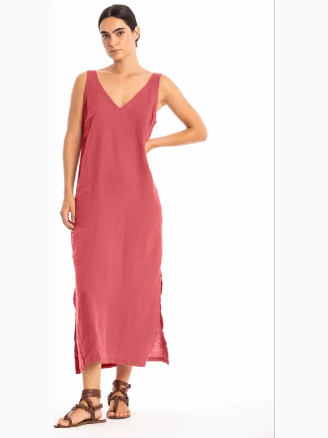 RAVENS VIEW IBIZA dames vegan Midi Jurk Noa Kleirood Lichtrood