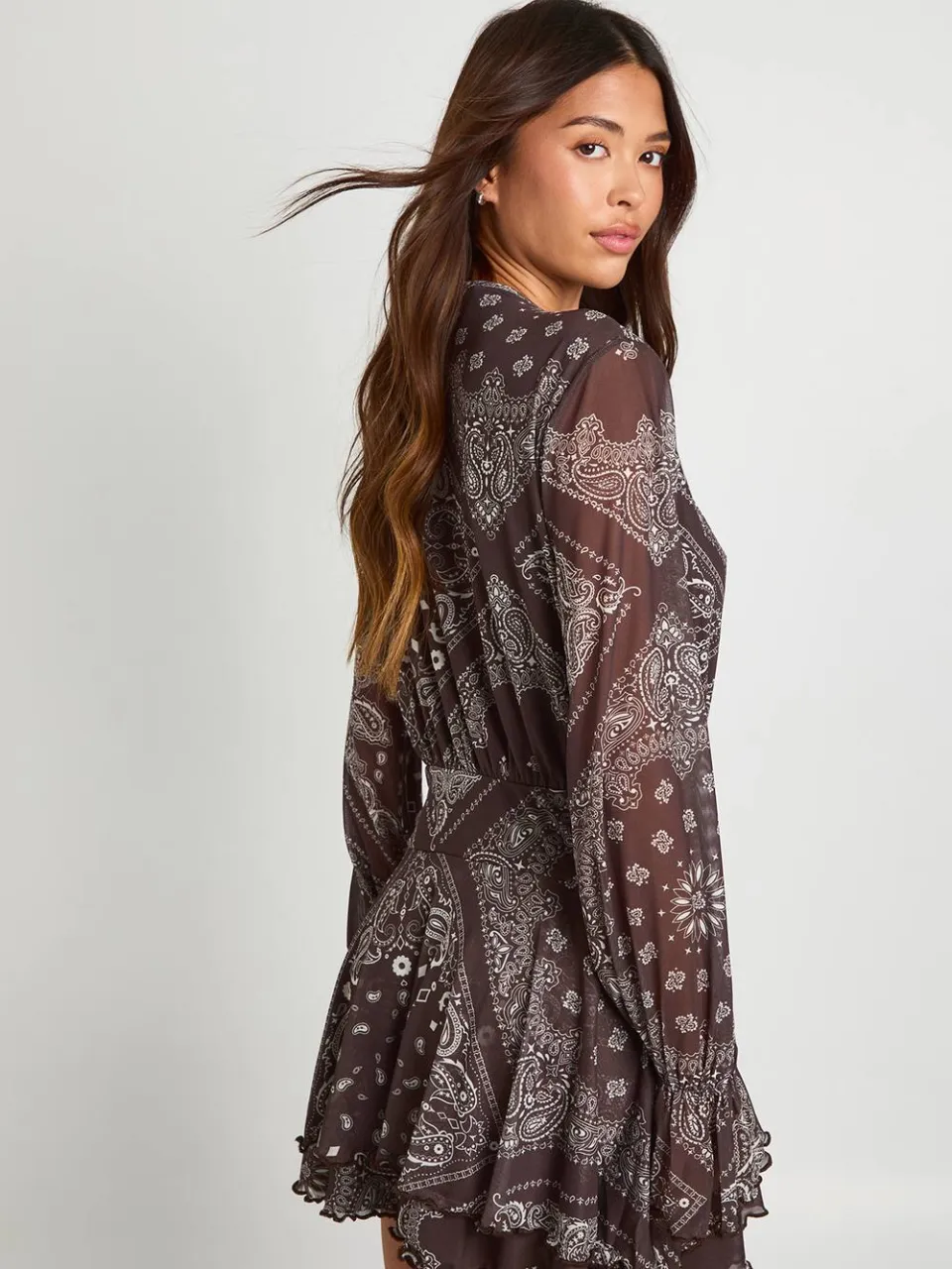 boohoo Dames Paisley-bedrukte mesh geplooide skaterjurk chocoladebruin, foto 2