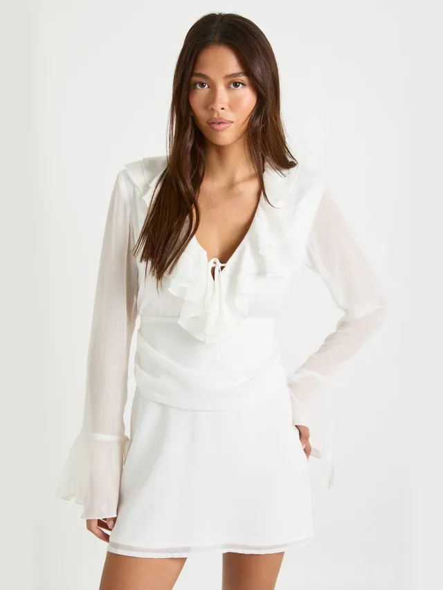 boohoo Dames Chiffon mini-jurk met geplooide taille Ivoor