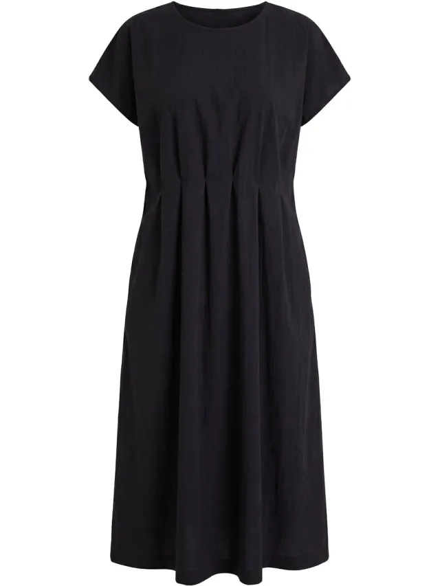 Ulla Popken Dames - Maxi-jurk decoratieve plooitjes getailleerd ronde hals - Zwart - Maat 42+