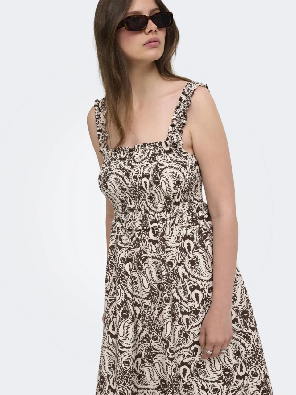Only maxi zomerjurk met smockwerk en print - beige, foto 3