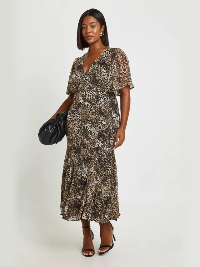 boohoo Dames Plus Luipaard Engelmouw Midaxi-jurk Bruin