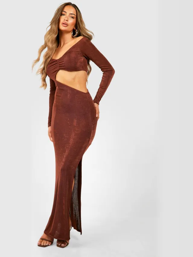 boohoo Dames Bardot Gerimpelde Acetate Slinky Maxi-jurk met Split Benen Chocoladebruin