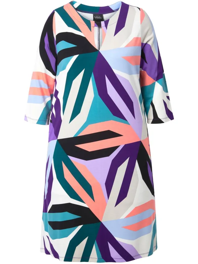 Ulla Popken Dames - Punto jurk grafische bloemenprint ronde hals 3/4-mouwen - Donker violet - Maat 54+