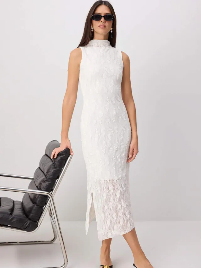 Trendyol TRENDYOLMİLLA Dames Ecru Effen Maxi Mouwloos Bodycon Jurken