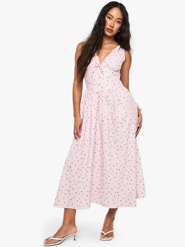 boohoo Dames Ditsy Bloemenprint Tie Front Milkmaid Midaxi Jurk Roze