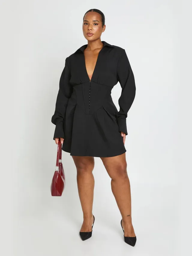 boohoo Dames Plus Gestructureerde Korset Haak-en-oog Skater Jurk Zwart