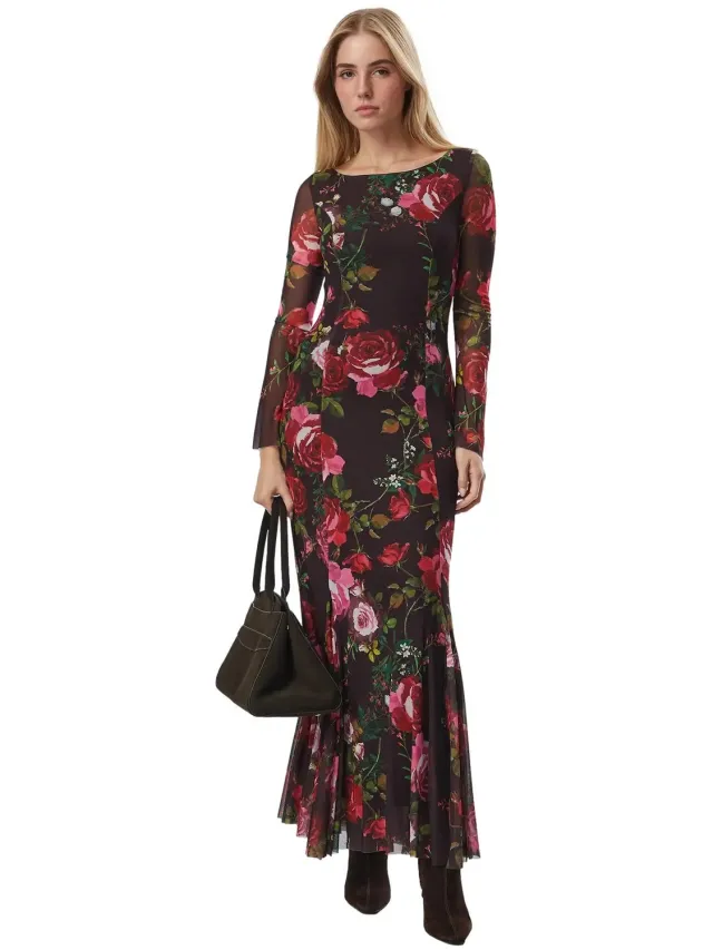 Guess Zabina Lange Mesh Jurk, Lange Mouwen en Ronde Hal Vrouw Guess Tapestry PinkBouque