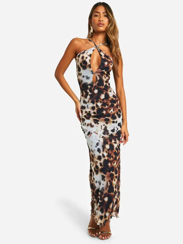 boohoo Dames Mesh Luipaard Halter Maxi Jurk Multicolor