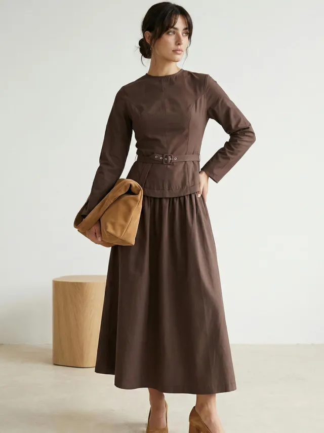 Trendyol Modest Dames Bruin Effen Maxi Lang Casual Skater Modest Jurken