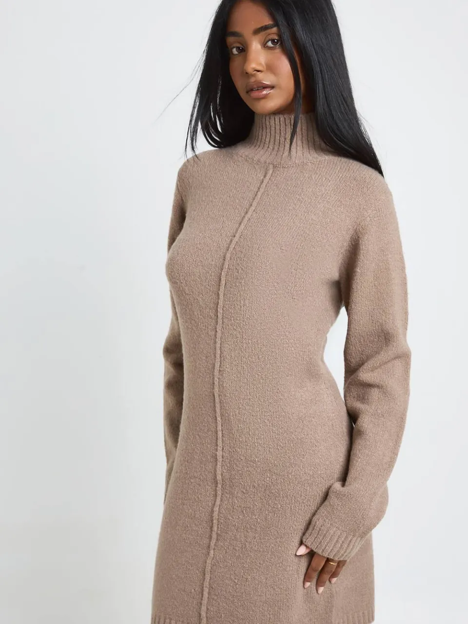 boohoo Dames Gebreide Mini Trui-jurk Met Hoge Hals En Naaddetail taupe, foto 4