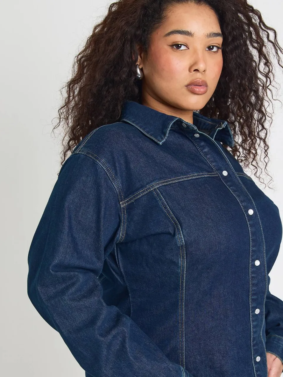 boohoo Dames Plus Denim Getailleerde Knoopjurk met Skater Silhouet, foto 4