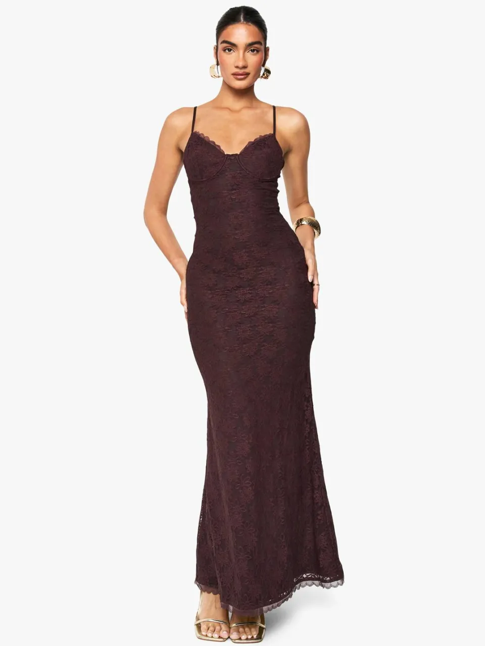 boohoo Dames Kanten bandjes maxi jurk Chocoladebruin