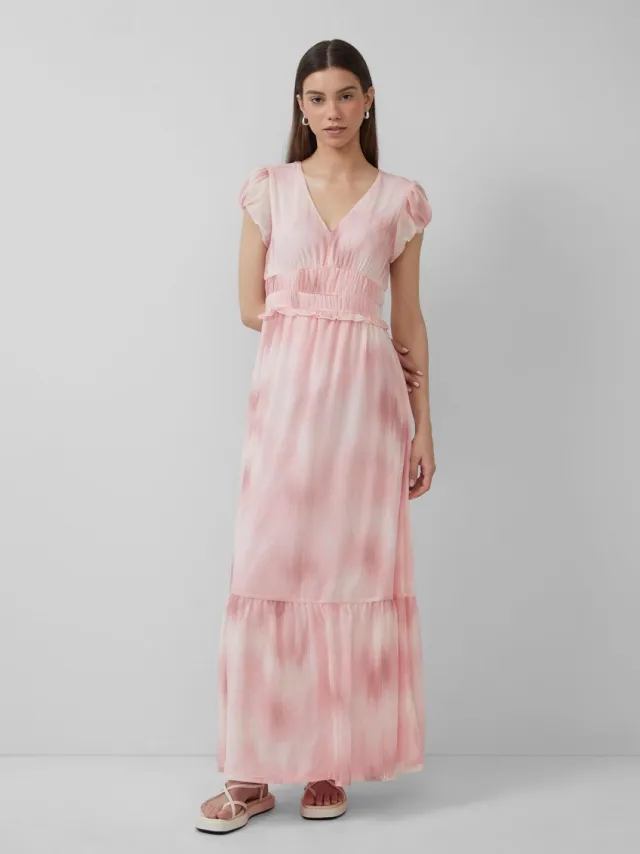 QS female - Fijne chiffon jurk met print op de voorkant en oversized schouders zachtroze