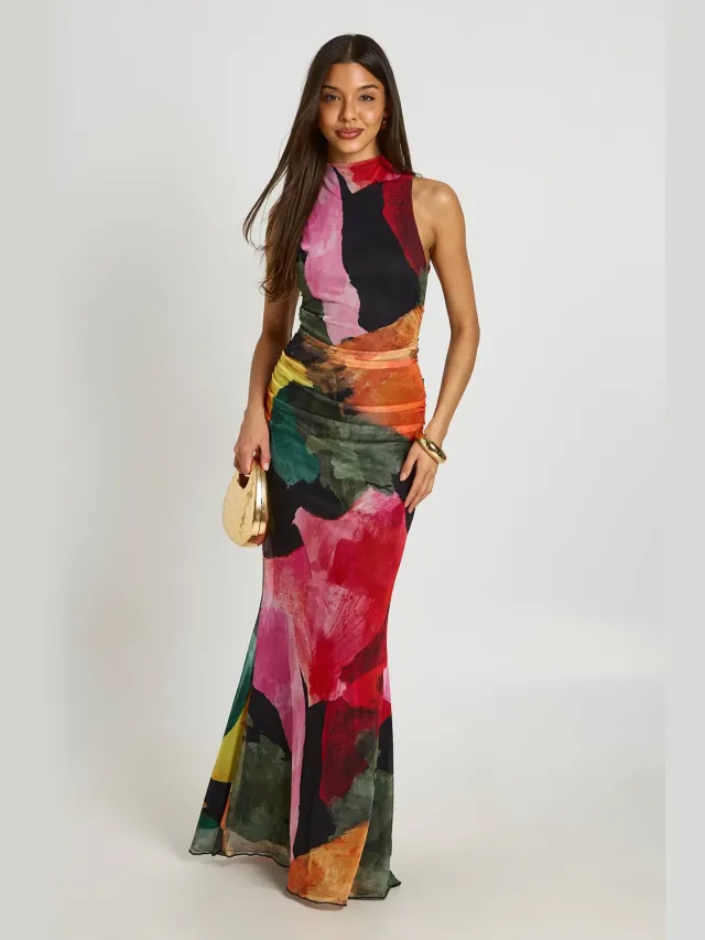 boohoo Dames Felgekleurde Gebloemde Maxi-jurk Met Gerimpeld Lijfje En Open Rug Zwart