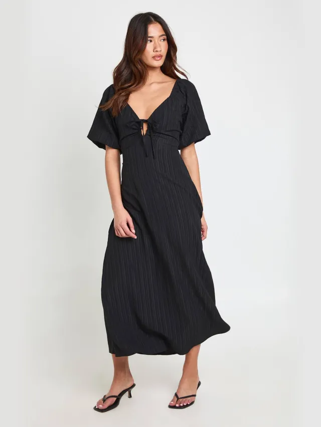 boohoo Dames Getextureerde Midaxi Jurk Met Volumemouwen Zwart