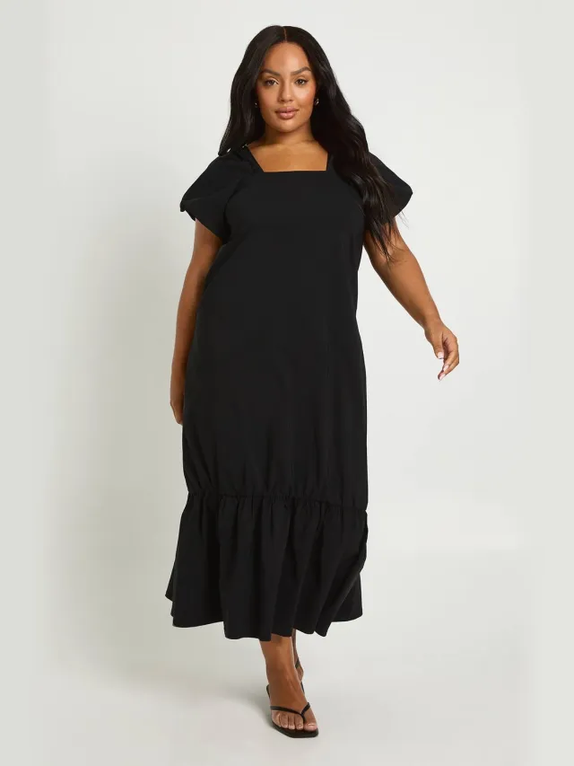 boohoo Dames Plus Drop Hem Pofmouw Midaxi Smock Jurk Zwart