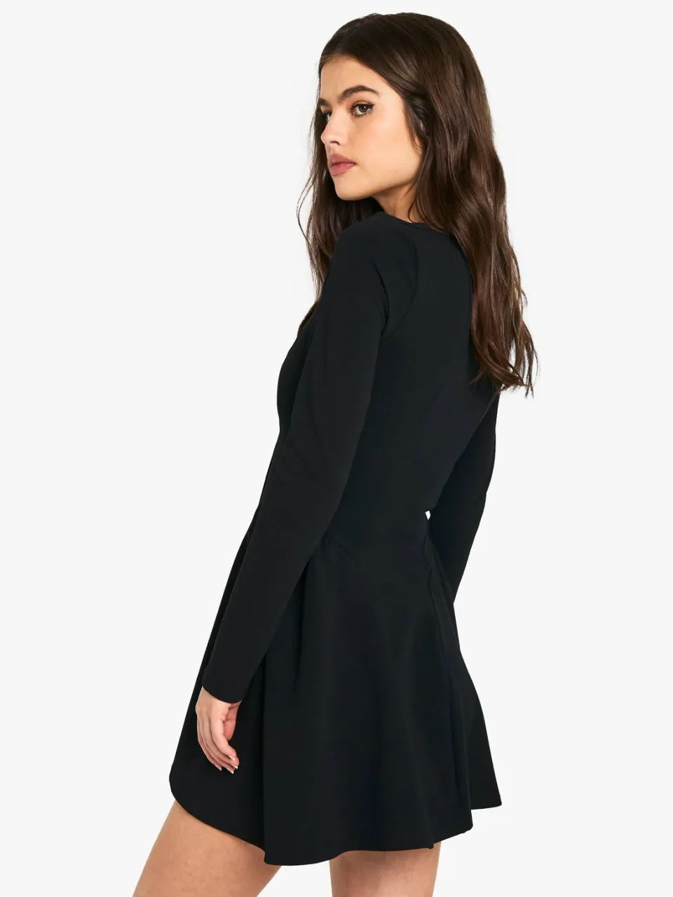 boohoo Dames Long Sleeve Square Neck Full Skirt Mini Dress zwart, foto 2