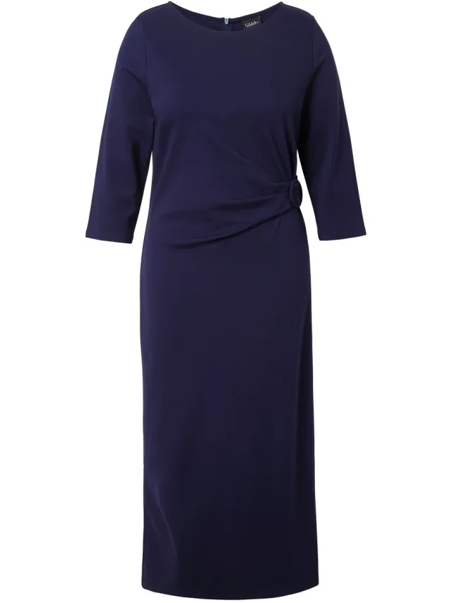 Ulla Popken Dames - Punto midi-jurk gedrapeerd boothals 3/4-mouwen - Marine - Maat 54+
