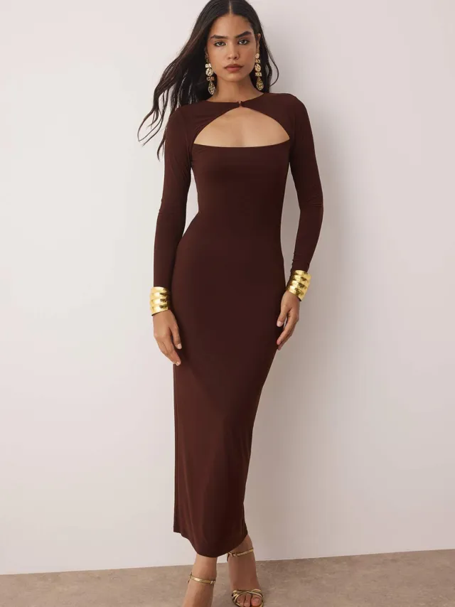 Trendyol TRENDYOLMİLLA Dames Bruin Effen Maxi Lang Stijlvol/Avond Bodycon Jurken