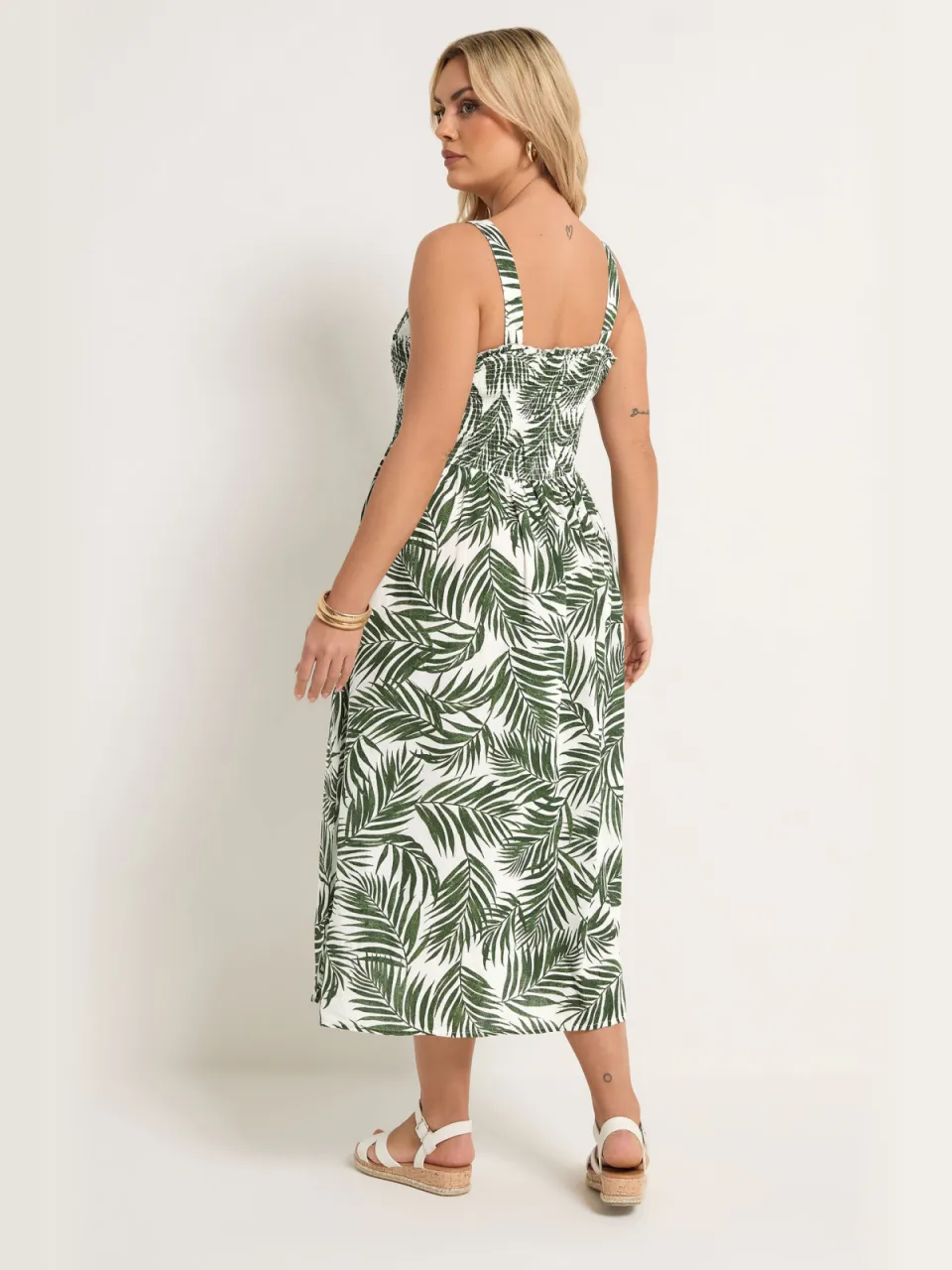Yours Groene Linnen Maxijurk Met Smokwerk En Palmbladprint, foto 4