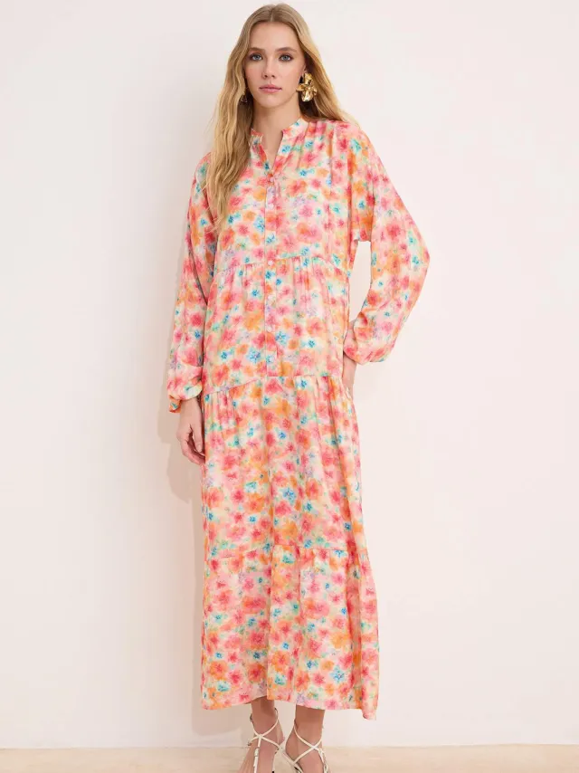 Turkishsouq Lange maxi-jurk met bloemenprint voor dames, casual/dagelijks, A-lijn model, geschikt voor hijab. Oranje