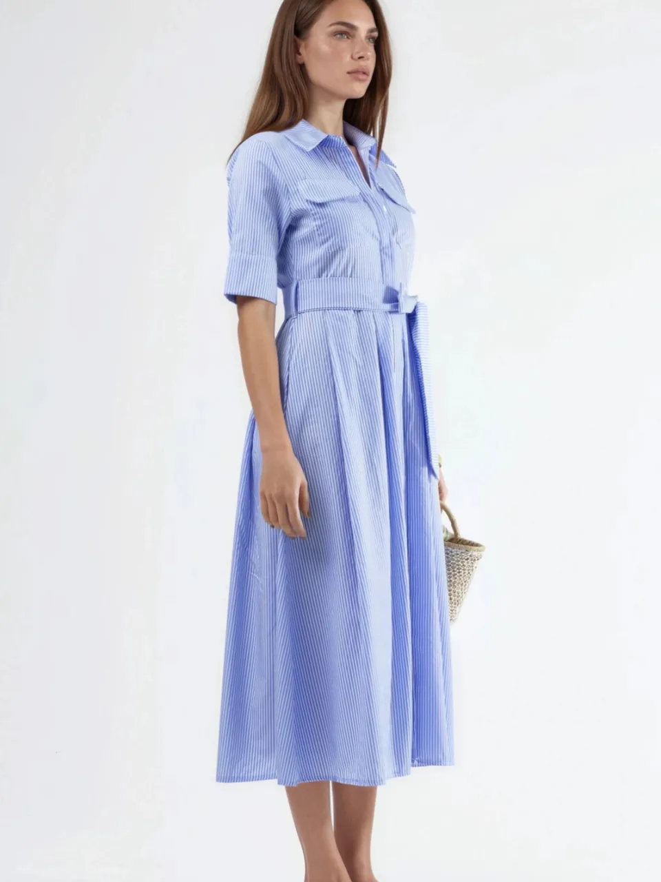 Busem Gestreepte Midi Overhemdjurk met Riem donkerblauw, foto 2
