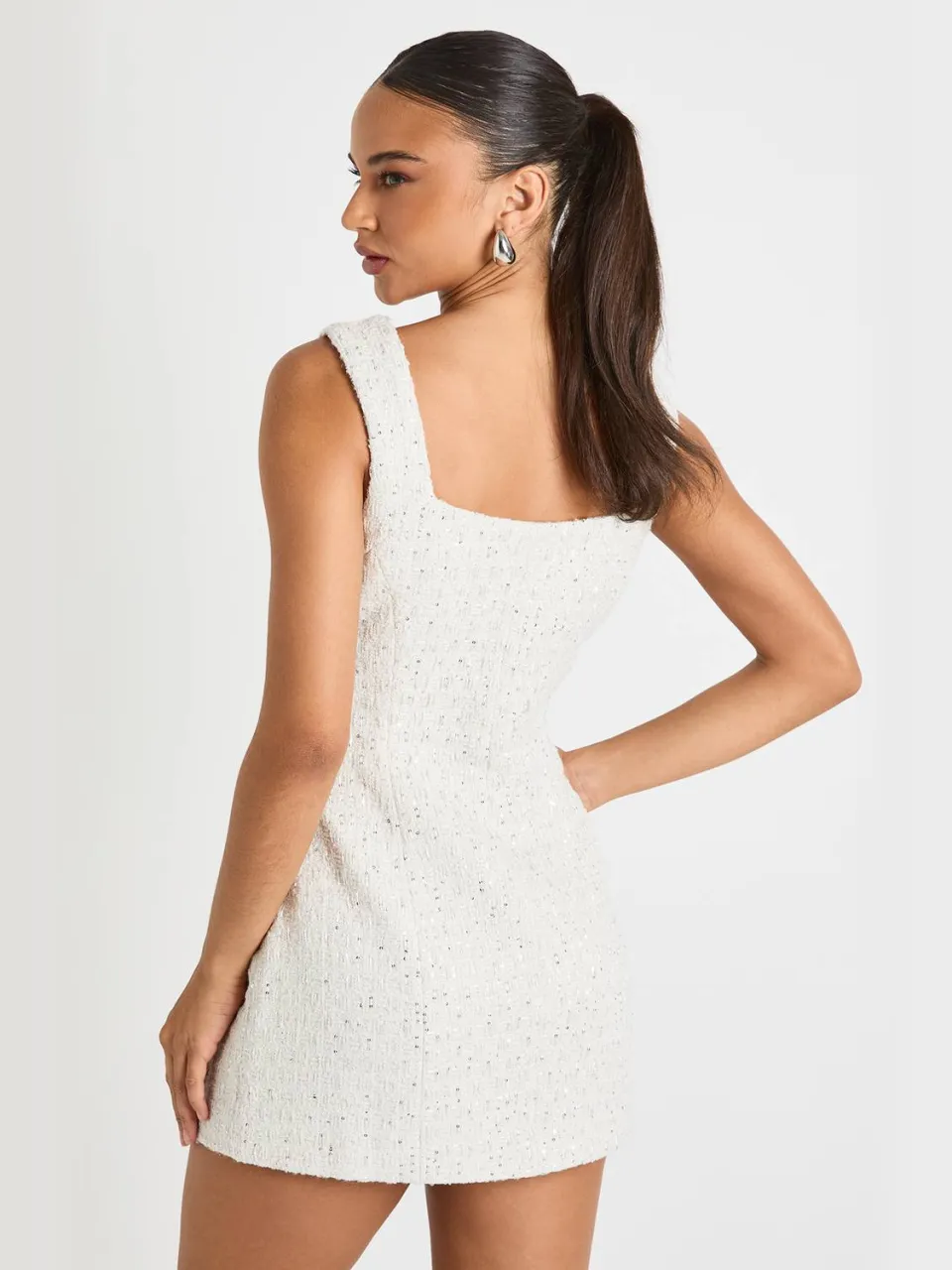 boohoo Dames Pailletten Boucle Vierkante Hals Getailleerde Mini-Jurk wit, foto 3